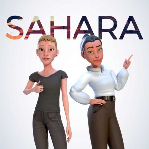 3D-rendered female characters standing side by side with the word 'SAHARA' above them on a light gray background.
