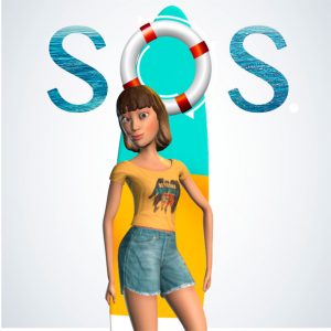 A 3D-rendered female character stands in front of a turquoise and yellow shape with a life preserver on top, under large stylized blue letters spelling SOS on a light gray background.