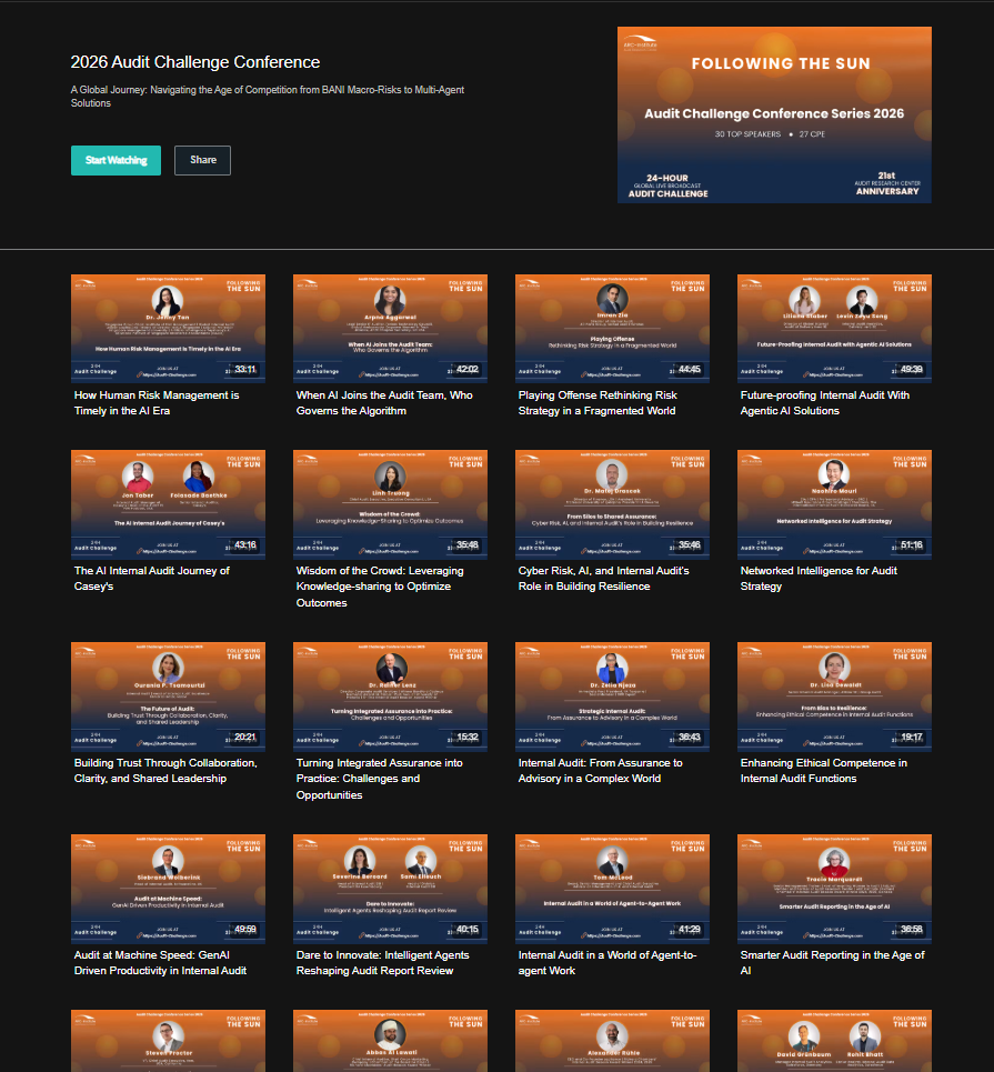 A screenshot of a conference and training platform showing the 2026 Audit Challenge Conference series. The interface features a dark theme with a header at the top and a grid of multiple orange and brown presentation thumbnails below.