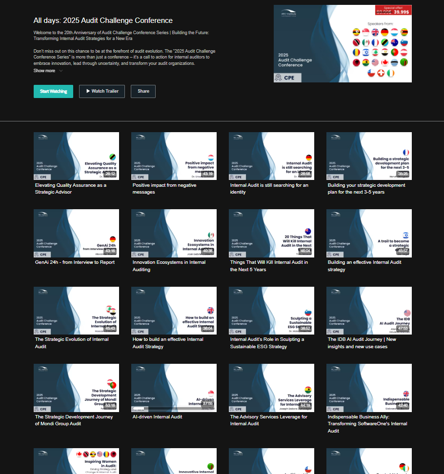A screenshot of a digital slide deck or conference presentation titled 'All days: 2025 Audit Challenge Conference' on a dark background, showing a main cover slide and multiple thumbnail slides arranged in a grid.