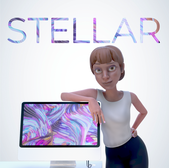 A stylized 3D-rendered woman stands beside a desktop computer monitor displaying a colorful abstract swirl pattern, with the word 'STELLAR' in large decorative letters above on a light background.