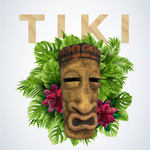 A carved brown tiki mask surrounded by green tropical leaves and pink flowers, with the word 'TIKI' in large tan letters above on a light gray background.