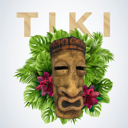 A carved brown tiki mask surrounded by green tropical leaves and pink flowers, with the word 'TIKI' in large tan letters above on a light gray background.