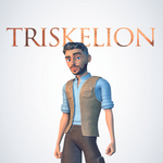 A 3D-rendered male character standing against a light gray background with the word 'TRISKELION' in large copper-colored letters above him. The character wears a light blue shirt, a tan vest, and dark brown pants.