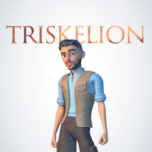A 3D-rendered male character standing against a light gray background with the word 'TRISKELION' in large copper-colored letters above him. The character wears a light blue shirt, a tan vest, and dark brown pants.