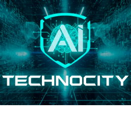 A digital graphic featuring a glowing cyan AI shield logo with the letters 'AI' in the center, above the word 'TECHNOCITY' in bold white text, set against a dark futuristic tech background.