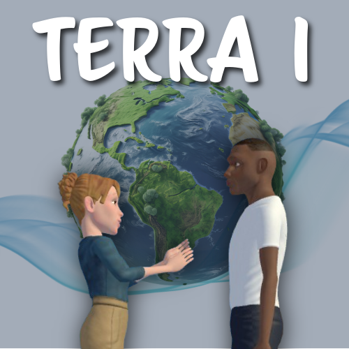 Two people interacting with a stylized globe, with 'TERRA I' text above.
