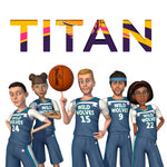 Five stylized 3D characters wearing blue and white Wild Wolves basketball uniforms stand in front of large colorful 'TITAN' lettering. One character holds a basketball with the Spalding logo.