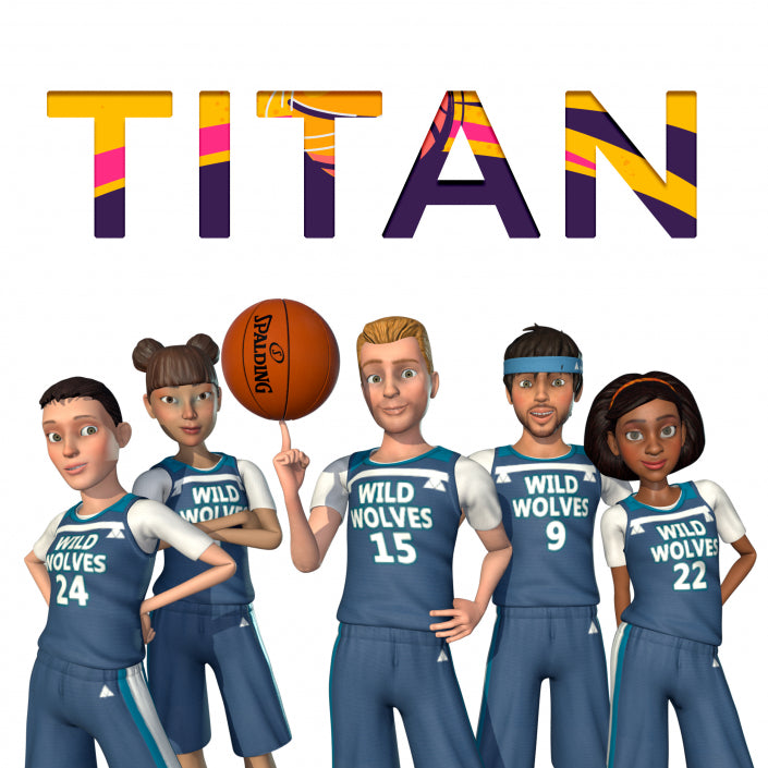 Five stylized 3D characters wearing blue and white Wild Wolves basketball uniforms stand in front of large colorful 'TITAN' lettering. One character holds a basketball with the Spalding logo.