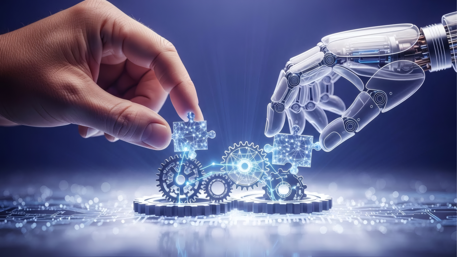 A human hand reaches toward glowing blue digital gears and circuitry while a transparent robotic hand stands beside them on a futuristic surface against a dark blue background.