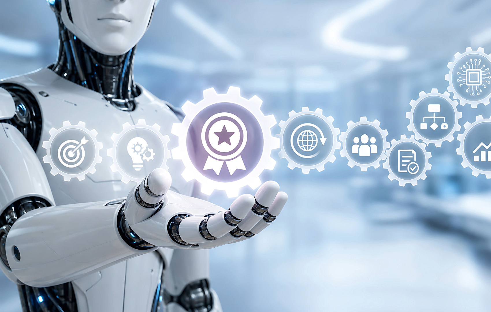 A white and black humanoid robot extends its hand toward floating gear icons with a central award ribbon symbol, set against a bright blue futuristic background.