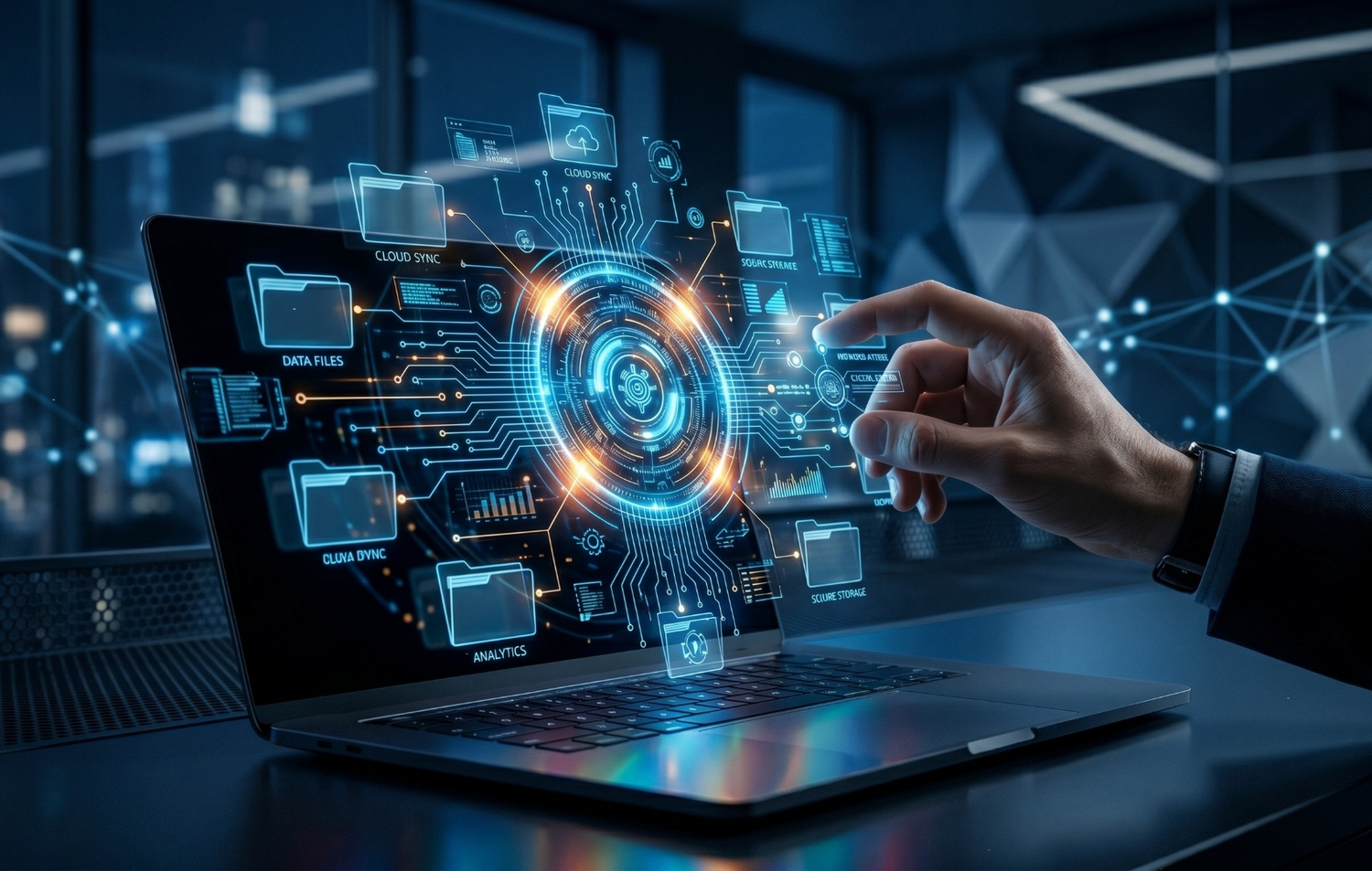 A futuristic laptop on a desk with a human hand touching a floating holographic interface of folders and circuitry, set in a dark blue tech environment.