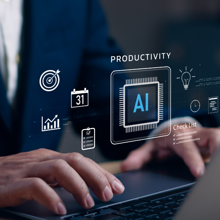 A close-up of a person's hands typing on a laptop keyboard, with a semi-transparent digital overlay showing productivity icons, charts, a calendar, and a central AI chip graphic. The person is wearing a dark navy blazer.