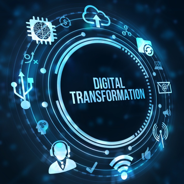 Digital transformation graphic with glowing blue circular interface elements, icons for cloud, brain, network, email, and customer service, and the words 'DIGITAL TRANSFORMATION' in the center on a dark blue background.