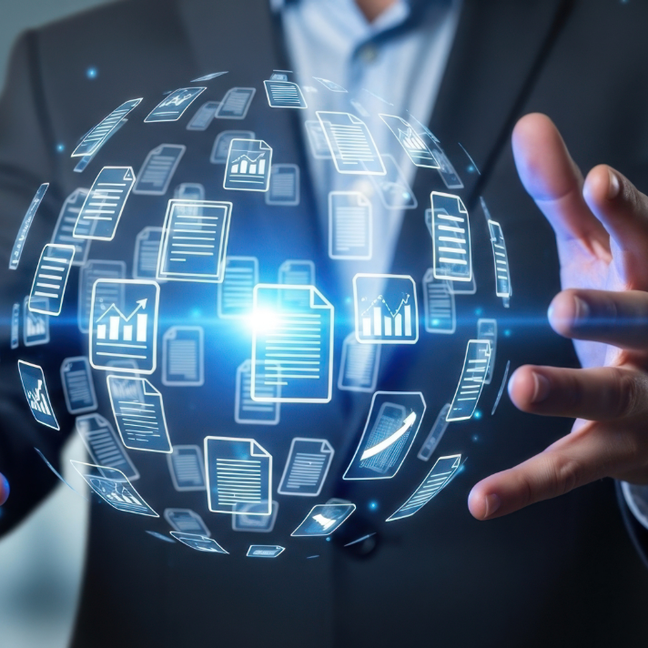 A person in a dark suit and light shirt reaches toward a glowing blue digital sphere made of floating document and chart icons.