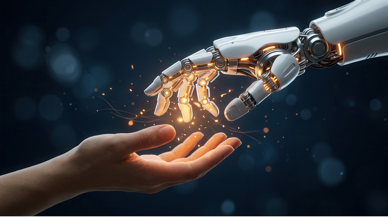 A human hand reaching toward a metallic robotic hand with glowing orange sparks between them, set against a dark blue bokeh background.