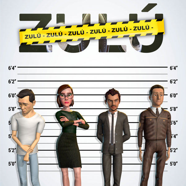 A stylized graphic showing four human figures standing in front of a height lineup chart, with a large 'ZULÚ' title across the top and a yellow caution-band style banner repeating 'ZULÜ'. This appears to be a digital illustration or poster-style artwork rather than a straightforward product photo.