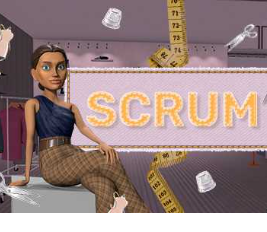 A stylized illustrated scene showing a seated woman in a blue top and brown plaid skirt beside a large sign reading 'SCRAM', with measuring tape and small cards floating around her in a pink office-like setting.