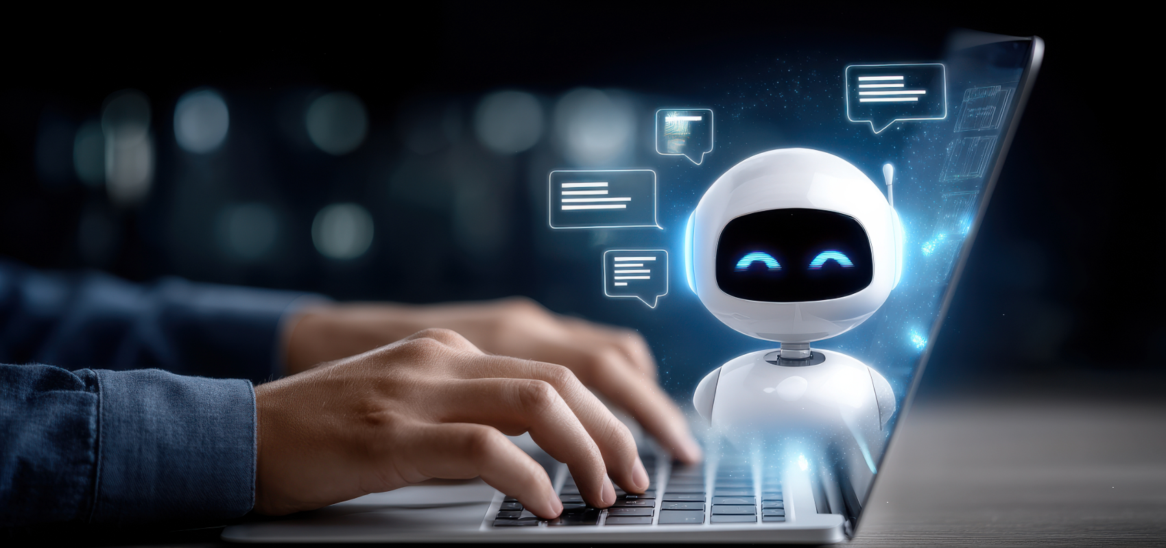 A person typing on a laptop with a glowing white robot avatar and floating chat bubbles on the screen, set against a dark blurred background.
