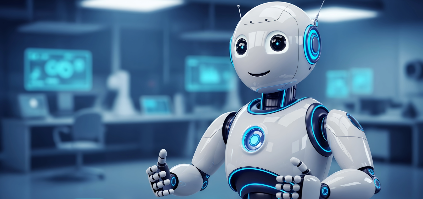 A white humanoid robot with glowing blue circular accents stands in a futuristic blue-toned office or control room, gesturing with one hand.