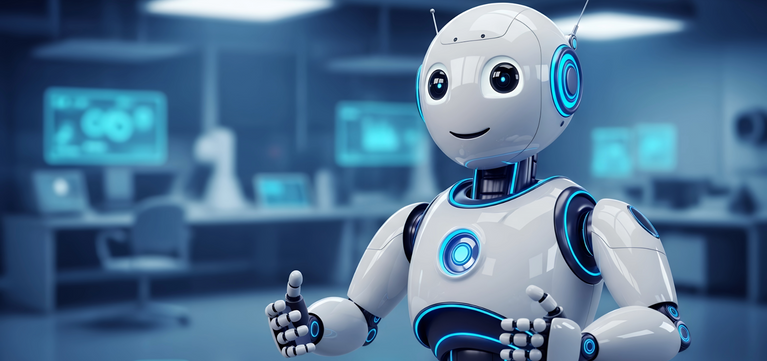 A white humanoid robot with glowing blue circular accents stands in a futuristic blue-toned office or control room, gesturing with one hand.