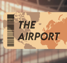 A stylized graphic of a tan passport-style card with a barcode on the left and the words 'THE AIRPORT' in bold black text over a blurred airport interior background.