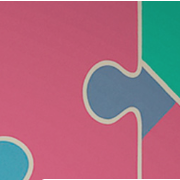 A close-up of a colorful surface with interlocking puzzle-piece shapes in pink, blue-gray, teal, and light blue outlined in white.