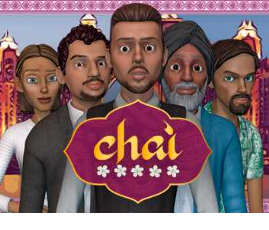 A stylized illustrated group of five people standing together in front of a pink decorative backdrop, with a large purple heart-shaped logo in the center reading 'chai' in gold script.