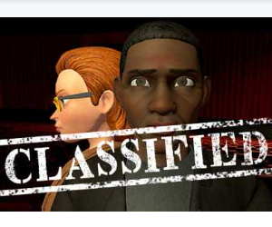 A low-resolution digital graphic featuring two stylized characters in a dark setting, overlaid with a large distressed white 'CLASSIFIED' stamp across the bottom.