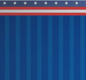 A patriotic-themed graphic design featuring vertical blue stripes on the lower portion, with a top border containing white stars on a blue background and red and white horizontal stripes.