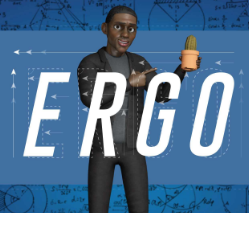 A stylized digital illustration of a person standing against a blue background with the large word 'ERG' in white. The figure wears a dark jacket and pants and holds a small cactus in one hand.