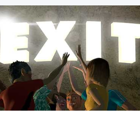 A group of people reaching toward a large glowing white EXIT sign mounted on a textured wall.