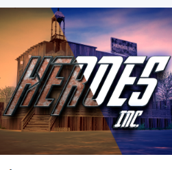 A stylized graphic with the large text 'HEROES INC.' overlaid across a building scene at sunset.