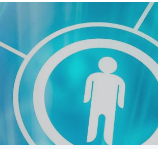 A blue and white graphic icon featuring a white human silhouette inside concentric circles on a textured blue background.