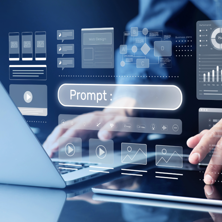 A futuristic digital interface overlay showing UI elements, charts, and a central 'Prompt:' field, with a person's hands interacting with a laptop and tablet in a blue-toned workspace.