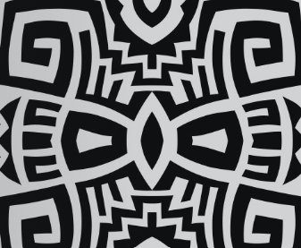 Black and white geometric pattern with symmetrical tribal-inspired shapes and bold contrasting blocks.