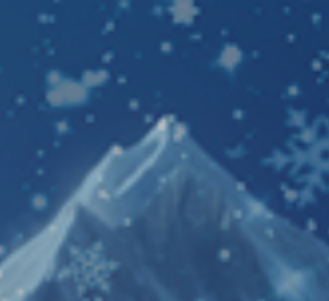 A blue-toned winter scene with a snowy mountain peak under a dark blue sky with falling snowflakes.