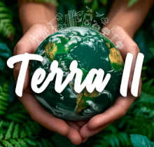 Hands holding a small globe of Earth with the text 'Terra II' overlaid in large white script, set against a background of green foliage.