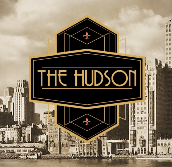 A sepia-toned city skyline with a large black and gold geometric logo in the center reading “THE HUDSON,” with fleur-de-lis details inside the emblem.