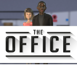 Promotional graphic for The Office featuring two animated characters in an office setting above the large title 'THE OFFICE' on a white banner.